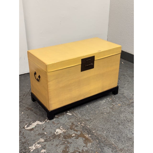 Late 20th Century Chinese Lift-Top Yellow Leather Trunk, Vintage For Sale - Image 5 of 12