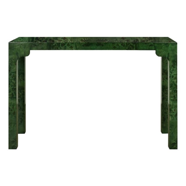Matthew Izzo Home Evelyn Emerald Green Burl Wood Console Table For Sale