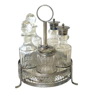 Vintage English Victorian Silverplate and Glass 11-Piece Cruet Caddy Set