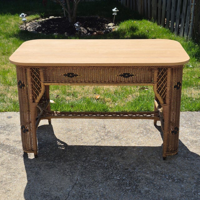 Victorian Early 20th C Signed Heywood-Wakefield Arts & Crafts Wicker Library Console Table Desk For Sale - Image 3 of 12