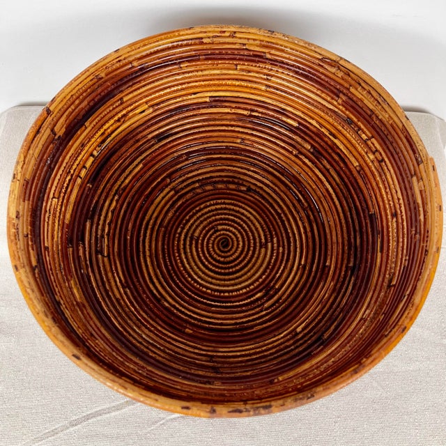 Mid-Century Modern Vintage Large Pencil Reed Rattan Bowl For Sale - Image 3 of 8
