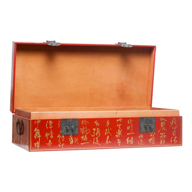 Lawrence & Scott Hand-Painted Mandarin Red Inscription Wide Leather Box For Sale