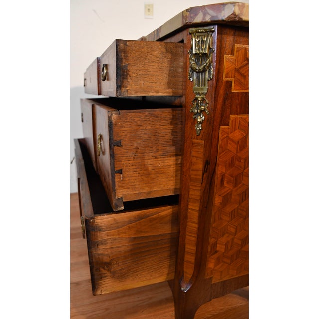 1890 Antique French Louis XV Marquetry Inlay Marble Top Dresser Chest of Drawers For Sale - Image 13 of 18
