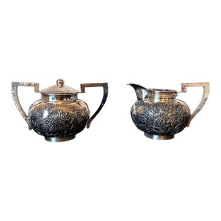 Chinese Export Sterling Silver Creamer and Sugar by Cutshing For Sale