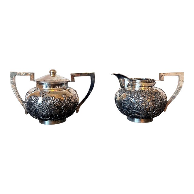 Chinese Export Sterling Silver Creamer and Sugar by Cutshing For Sale