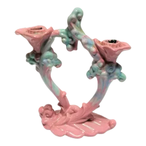 Royal Haeger Mauve Agate Pink/Blue Marble Glaze Twin Stalk Candlestick Holder