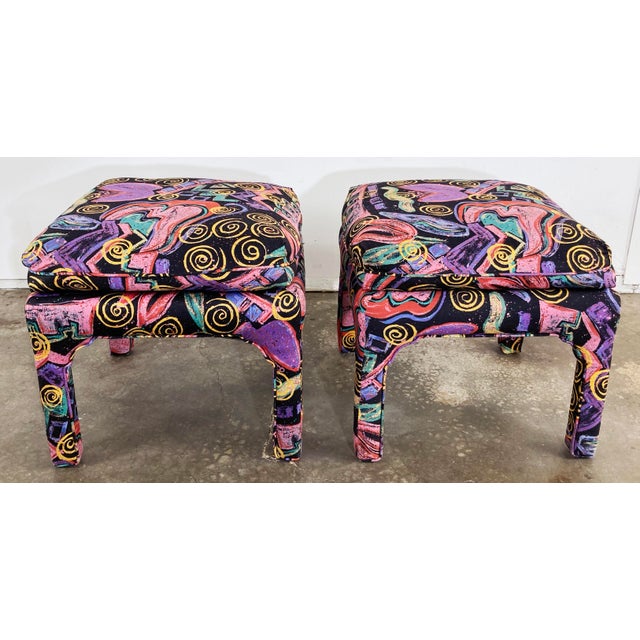 Late 20th Century Vintage Abstract Upholstered Parsons Stools, a Pair For Sale - Image 5 of 11