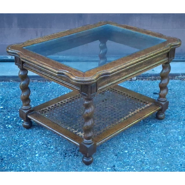 Mid-Century Barley Twist Oak and Cane Tiered Glass Top Side Table For Sale - Image 4 of 12