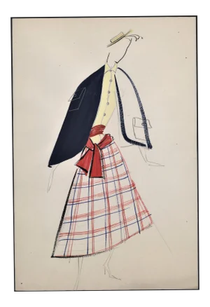 Matted 1940s French Daywear Fashion Drawing Featuring Plaids