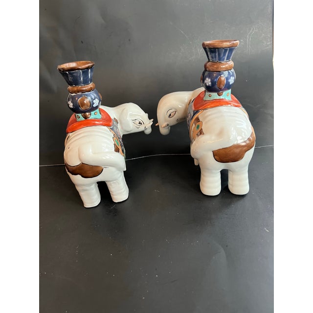Chinese Vintage Pair Chinese Export Famille Rose Ceramic Elephant Candleholders 1970’s For Sale - Image 3 of 12
