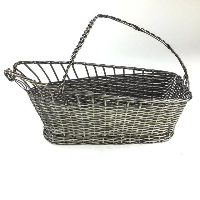 1950s Vintage Handmade Woven Silverplate Wine Bottle Basket For Sale - Image 5 of 11