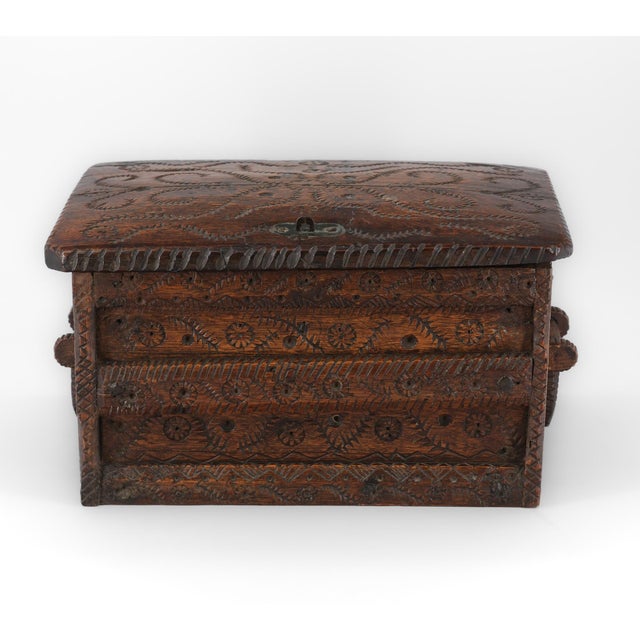 Brown Antique Scandinavian Folk Art Carved Oak Table Chest For Sale - Image 8 of 15