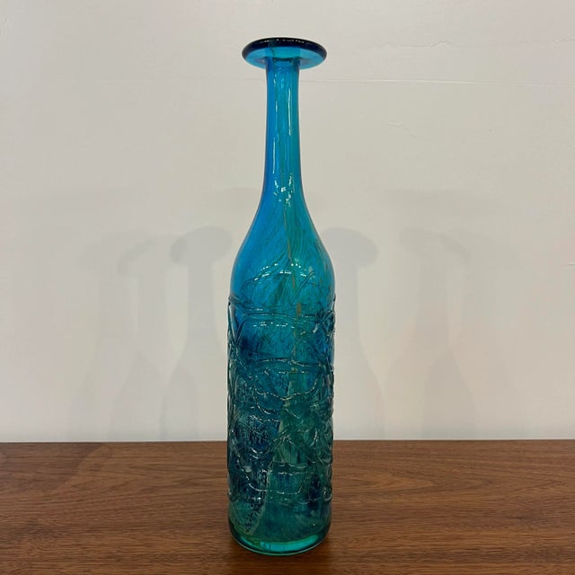 Asian Mdina Ming Blue and Green Art Glass Bottle Vase For Sale - Image 3 of 9