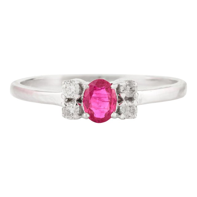 Oval Cut Ruby Diamond Dainty Statement Ring in 14k Solid White Gold Size 7 For Sale