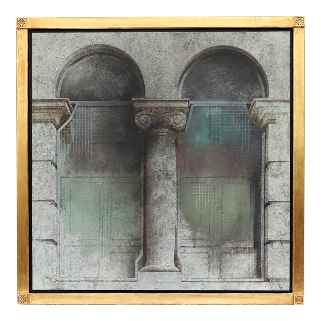 1990 Angel Busca Architectural Artwork Tempera and Oil on Board, One-of-a-Kind For Sale
