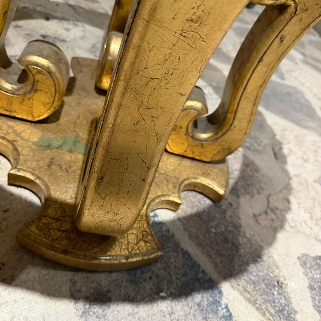 Gold Hollywood Regency Glass-Topped Side Table Verdi Gris Gold Leaf For Sale - Image 8 of 12