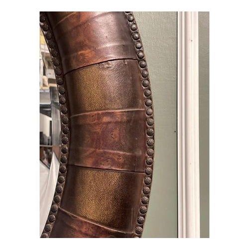 Animal Skin Oval Studded Brown Leather Cushion Wall Mirror For Sale - Image 7 of 9