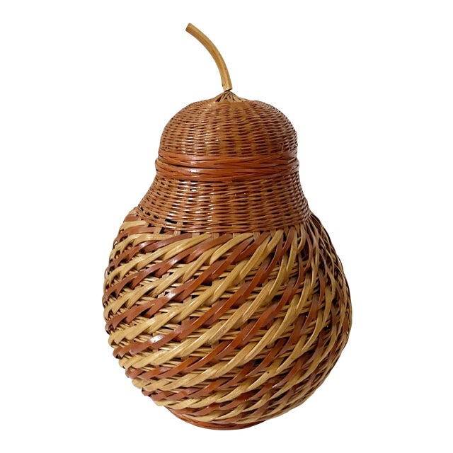 1970s Pear Ceramic Vessel Wrapped in Hand Woven Wicker For Sale