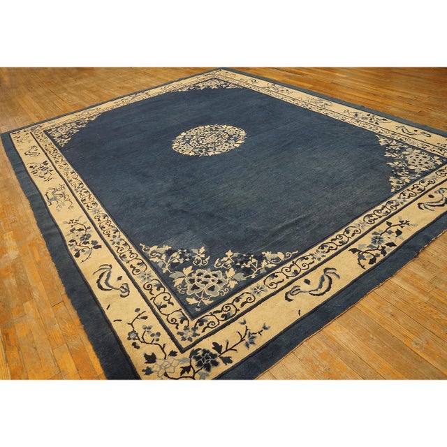 Chinese Antique Peking Chinese Floral Navy Open Field Medallion Oriental 1920s Rug For Sale - Image 3 of 11