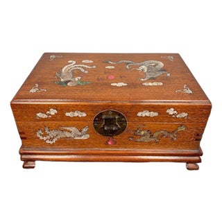 1980s Rosewood Jewelry Box / Mother of Pearl Inlay Dragon & Phoenix Motif For Sale