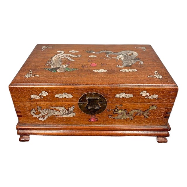 1980s Rosewood Jewelry Box / Mother of Pearl Inlay Dragon & Phoenix Motif For Sale