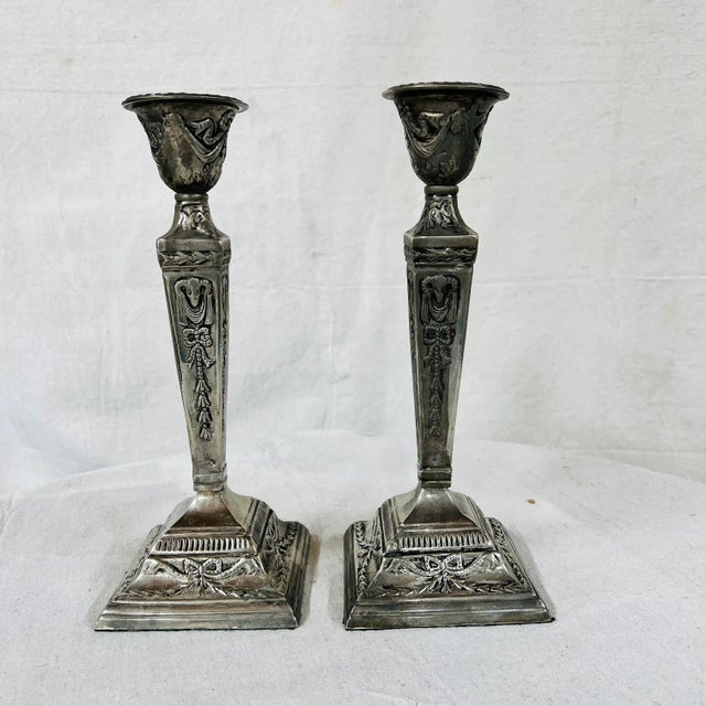Neoclassical Silverplate Candlesticks With Bows and Swags Neoclassical Pattern For Sale - Image 3 of 4