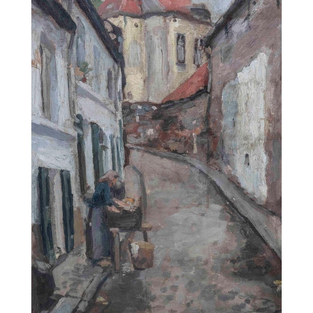 Wood 19th Century European Old Town Street Scene with Figure, Oil Painting in Ornate Gilt Frame For Sale - Image 7 of 9