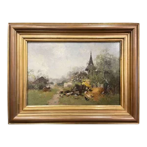 19th Century Framed Farmyard Oil Painting Signed Kermanguy for E. Galien-Laloue