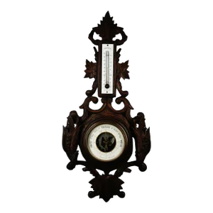 1879 Antique Weather Station Barometer & Thermometer With Hand-Carved Wooden Quails