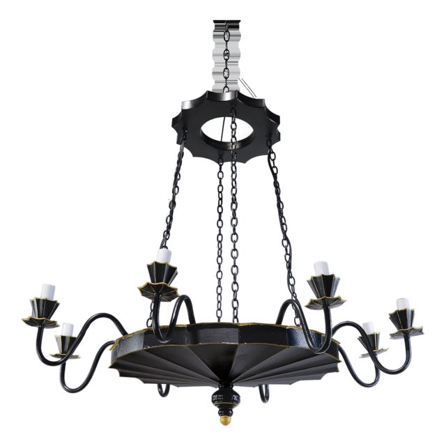 Vintage Handcrafted Iron Black and Gold 8-Light Pendant Chandelier For Sale