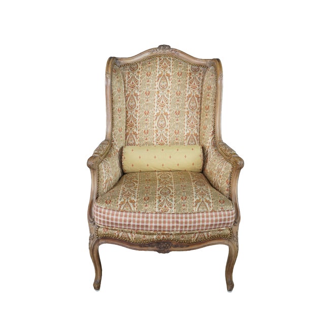 French Country Vintage French Louis XVI Style Walnut Bergère Wingback Library Reading Chair For Sale - Image 3 of 18