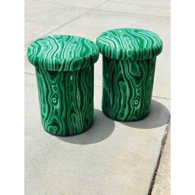 2020s Mushroom Stools Upholstered in Faux Malachite Fabric For Sale - Image 5 of 7