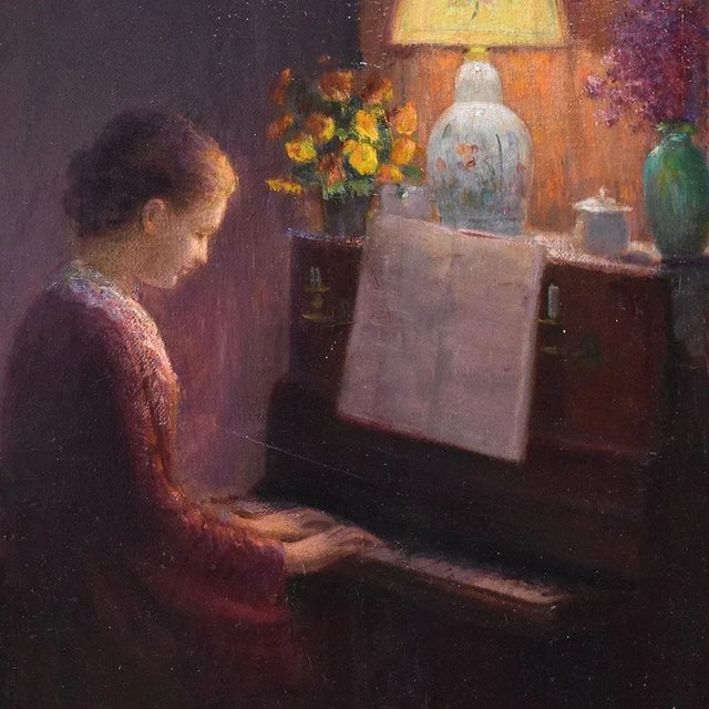 Henri-Charles Angéniol, Young Woman Playing the Piano, Oil on Canvas, 20th Century, Framed For Sale - Image 3 of 11