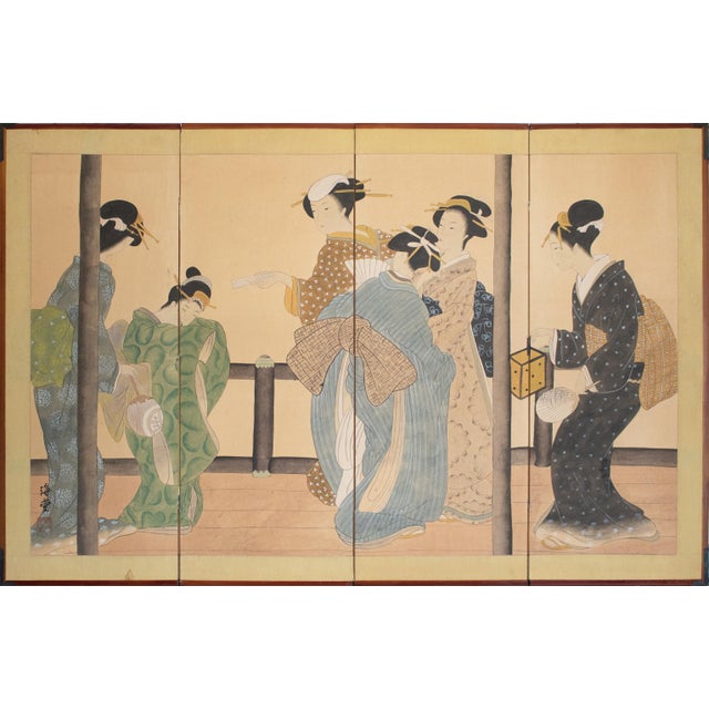 1960s Shōwa Era Japanese Ukiyo-E Style Byobu Screen "Young Beauties" For Sale - Image 12 of 12
