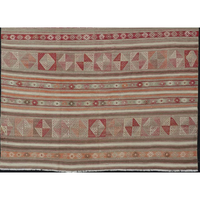 Mid 20th Century Colorful Turkish Vintage Embroidered Kilim With Stripes and Geometric Motifs For Sale - Image 9 of 11