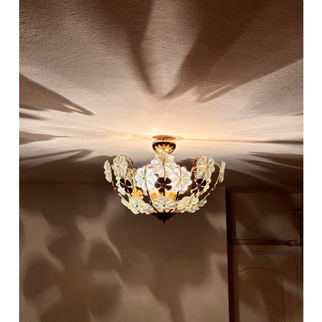 1980s Vintage Water Green Floral Flush Mount Chandelier, Hand-Painted Glass Flower Ceiling Light, Mid-Century Brass Light Fixture - Pair For Sale - Image 5 of 17