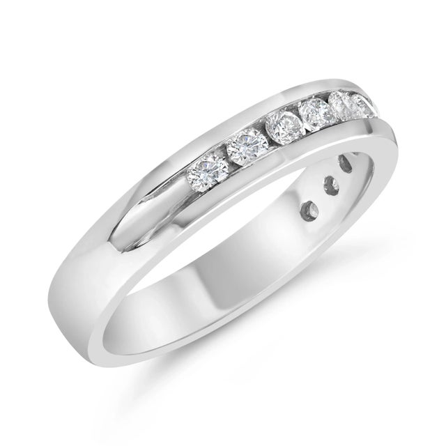 Contemporary IGI Certified 1/2 Cttw Round Brilliant Cut Diamond 18K White Gold Channel Set Eternity Style Wedding Band Ring - Size 6-1/2 For Sale - Image 3 of 7