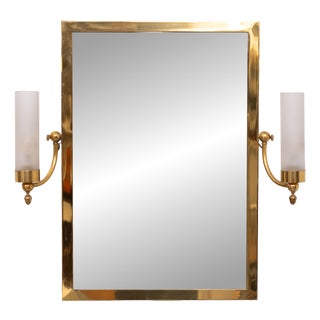 Mid-Century Modern Brass Wall Mirror with Lighting, Italy, 1950s For Sale