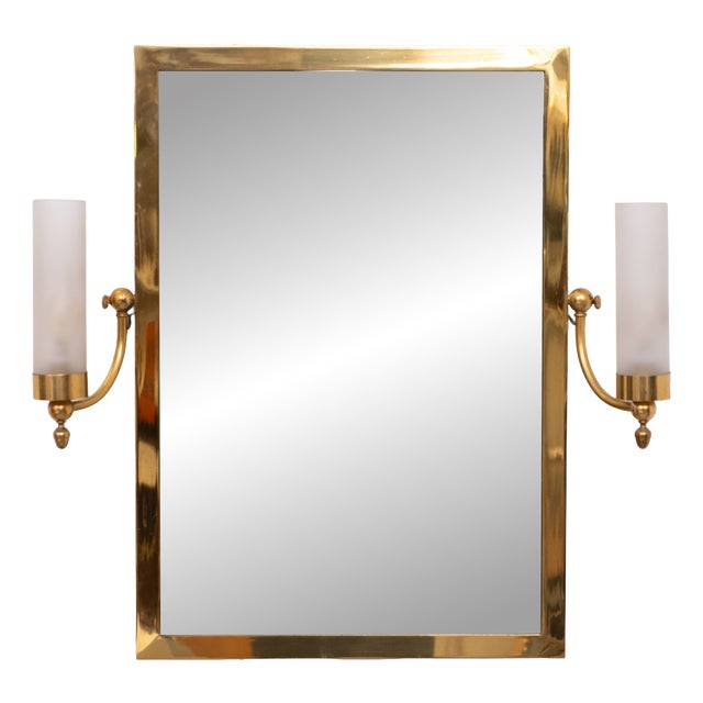 Mid-Century Modern Brass Wall Mirror with Lighting, Italy, 1950s For Sale