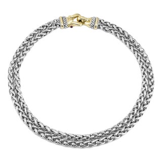 David Yurman 925 Sterling Silver Yellow Gold Buckle Double Wheat Chain Necklace For Sale