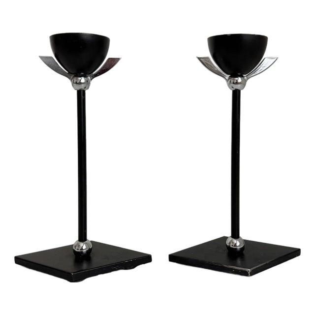 Memphis Chrome Winged Candle Holders, a Pair For Sale
