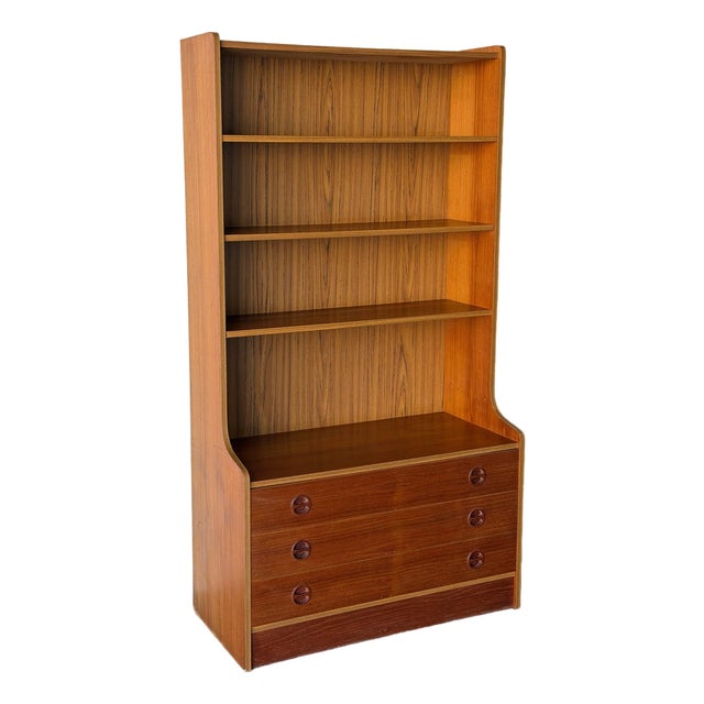 Vintage Danish Teak Bookcase With Drawers – Mid Century Modern Hutch Cabinet Wall Unit For Sale