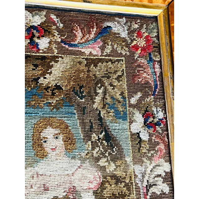 Wood Antique Birds Eye Maple Frame Child With Dog Needlepoint For Sale - Image 7 of 12
