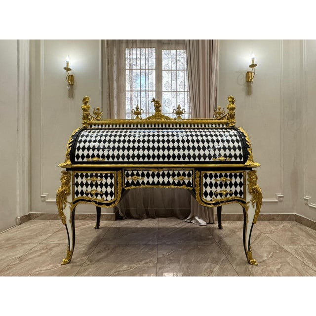 Mid 18th Century Unique Louis XV Style Harlequin Roll-Top Secretary Gilded French Baroque Writing Desk For Sale - Image 5 of 9