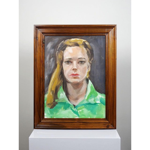 Modern Portrait of Woman in Green, Oil on Canvas, 1980s, Framed For Sale - Image 3 of 16