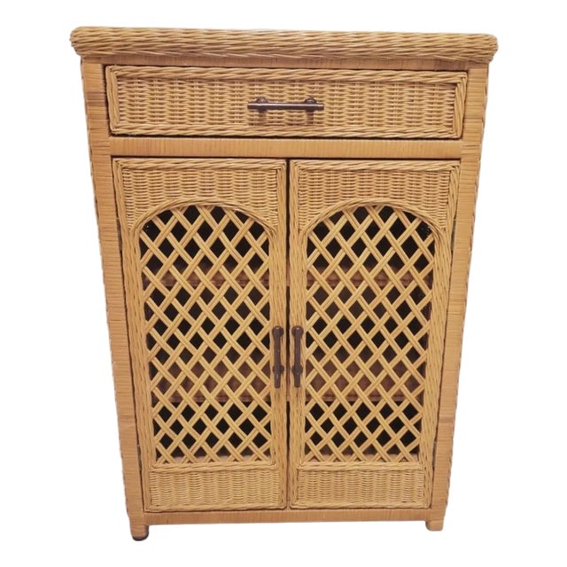 Natural Small Lattice Front Wicker Kitchen Bathroom 3 Shelf 1 Drawer Storage Cabinet For Sale