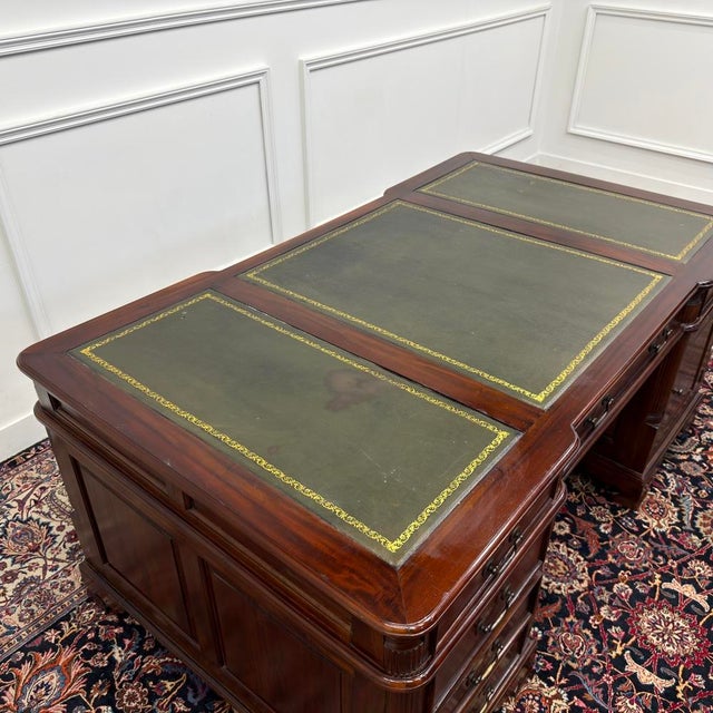 English Partner Desk in Green Leather For Sale - Image 16 of 18