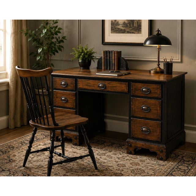 Vintage Solid Pine Kneehole Writing Desk & Windsor-Style Chair Set A wonderfully character-rich vintage solid pine writing...