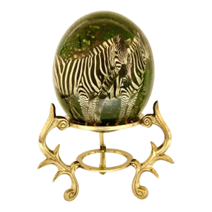1990s Decoupaged Ostrich Egg Depicting Zebras With Brass Stand