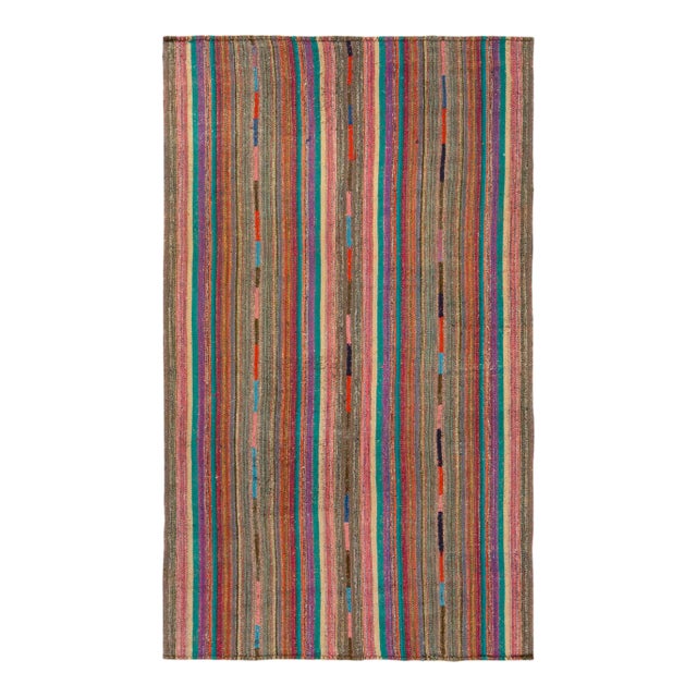 1950s Vintage Chaput Kilim Rug in Multicolor Striped Patterns, Polychromatic For Sale